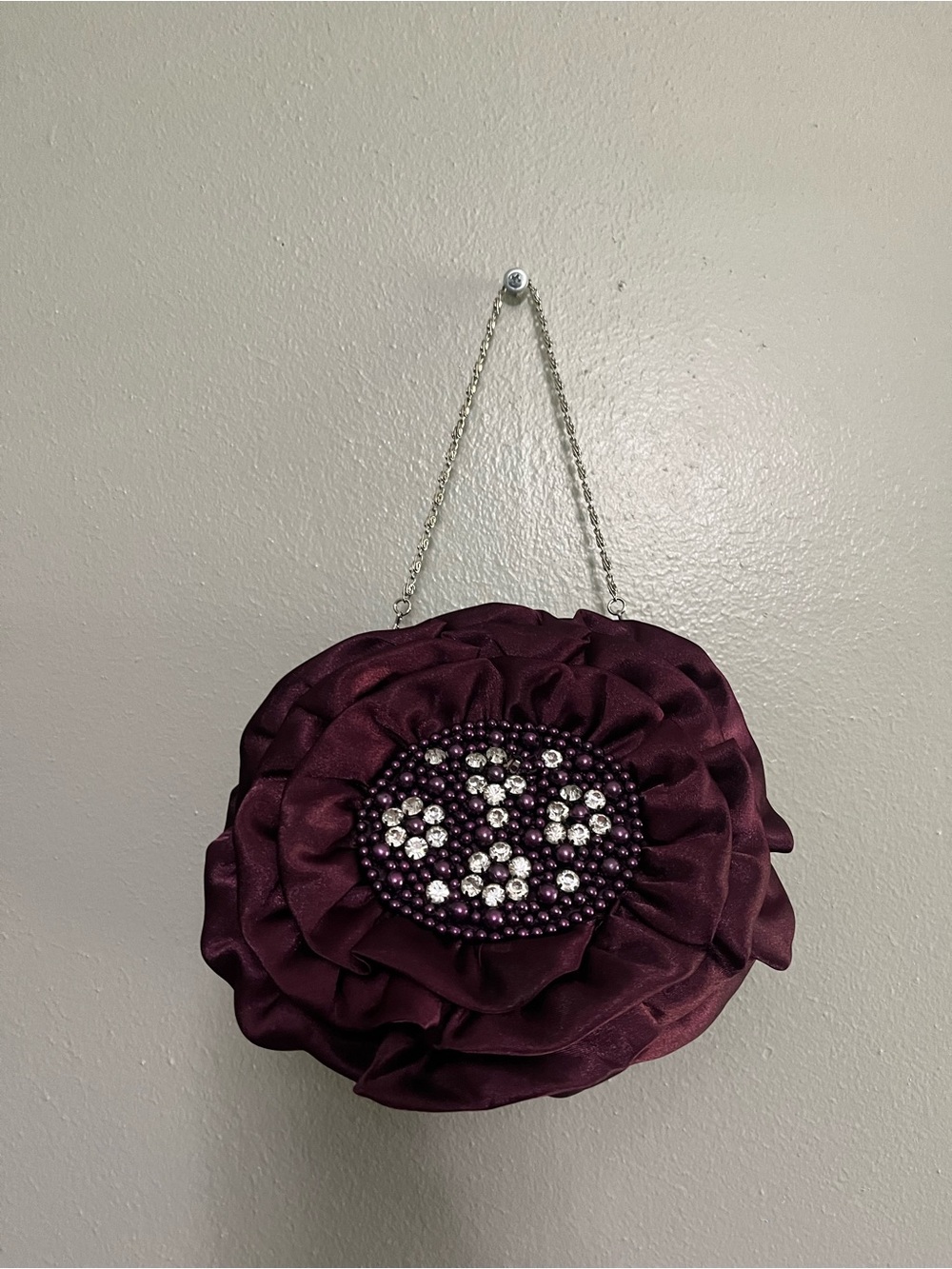 Embellished Plum Floral Satin Clutch with Chain